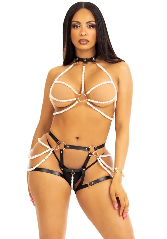 Комплект з перлинами Leg Avenue Halter Harness M