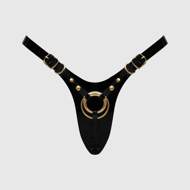 Трусики для страпона Strap-On-Me Leatherette Harness Fabulous - One Size, чорні глянцеві