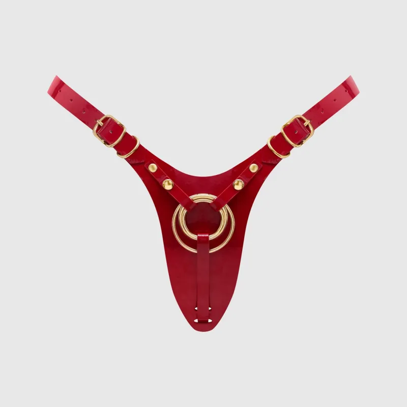 Трусики для страпона Strap-On-Me Leatherette Harness Fabulous - One Size, червоні глянцеві
