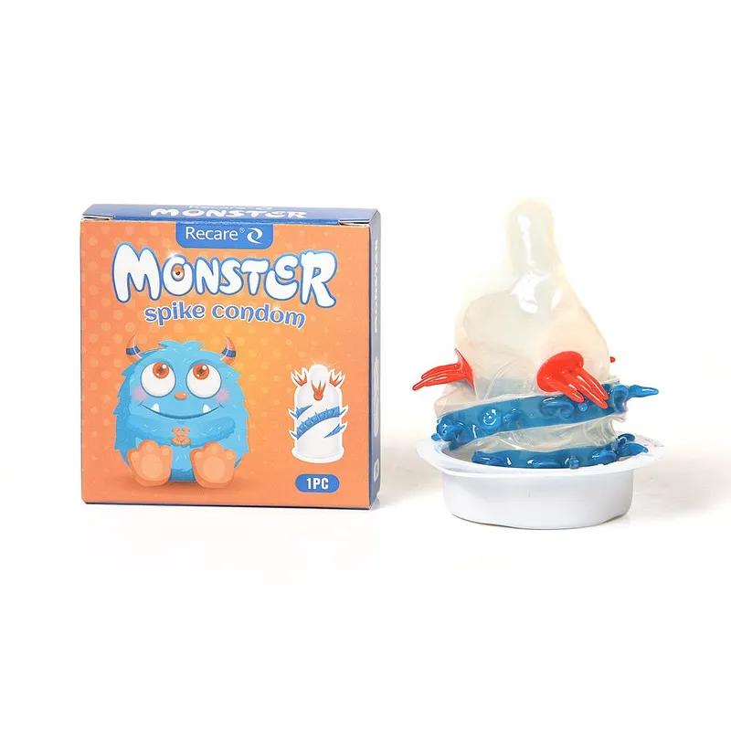 Насадка на член Recare Blue Monster Spike Condom з вусиками та спіраллю шипів