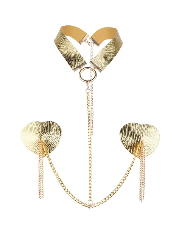 Пестиси-сердечка з пензликами та чокером JSY Nipple Sticker RT236114 Golden