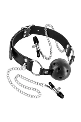 Кляп із затискачами для сосків Fetish Tentation Rigid Gag Ball with Nipple Clamps