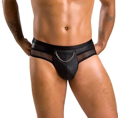 Чоловічі труси Passion Slip Tom L/XL, екошкіра, з ланцюжком, чорні