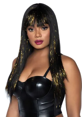 Перука Leg Avenue Long bang wig with tinsel, чорна із золотими пасмами, 60 см