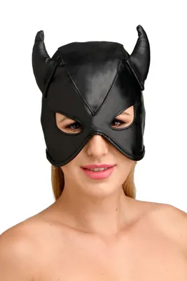 Маска з рогами Master Series Dungeon Demon Bondage Mask with Horns, чорна