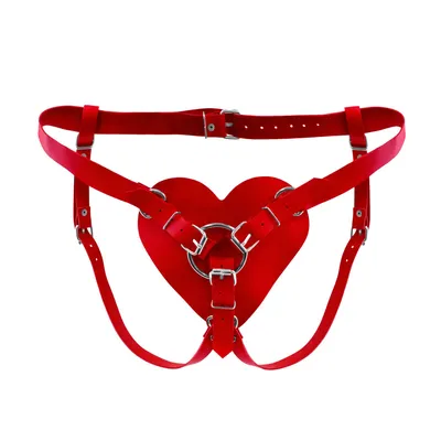 Трусики-страпон Feral Feelings Hearts Strap-on Belt Red, натуральна шкіра