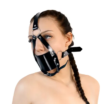 Кляп-маска Art of Sex - Slave з пластиковою кулею, натуральна шкіра, чорний