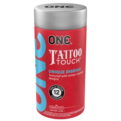Презервативи ONE Tattoo Touch, 12 шт, рельєф у вигляді тату, подарунковий тубус