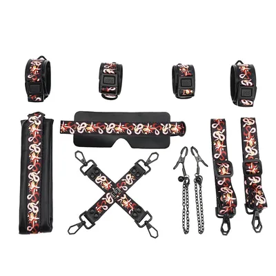 БДСМ-набір LOCKINK The Flowering Serpent Bondage Set, чорний, з малюнком у вигляді змій, 7 предметів