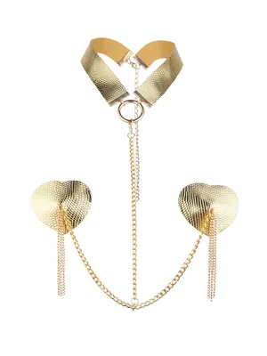Пестиси-сердечка з пензликами та чокером JSY Nipple Sticker RT236114 Golden